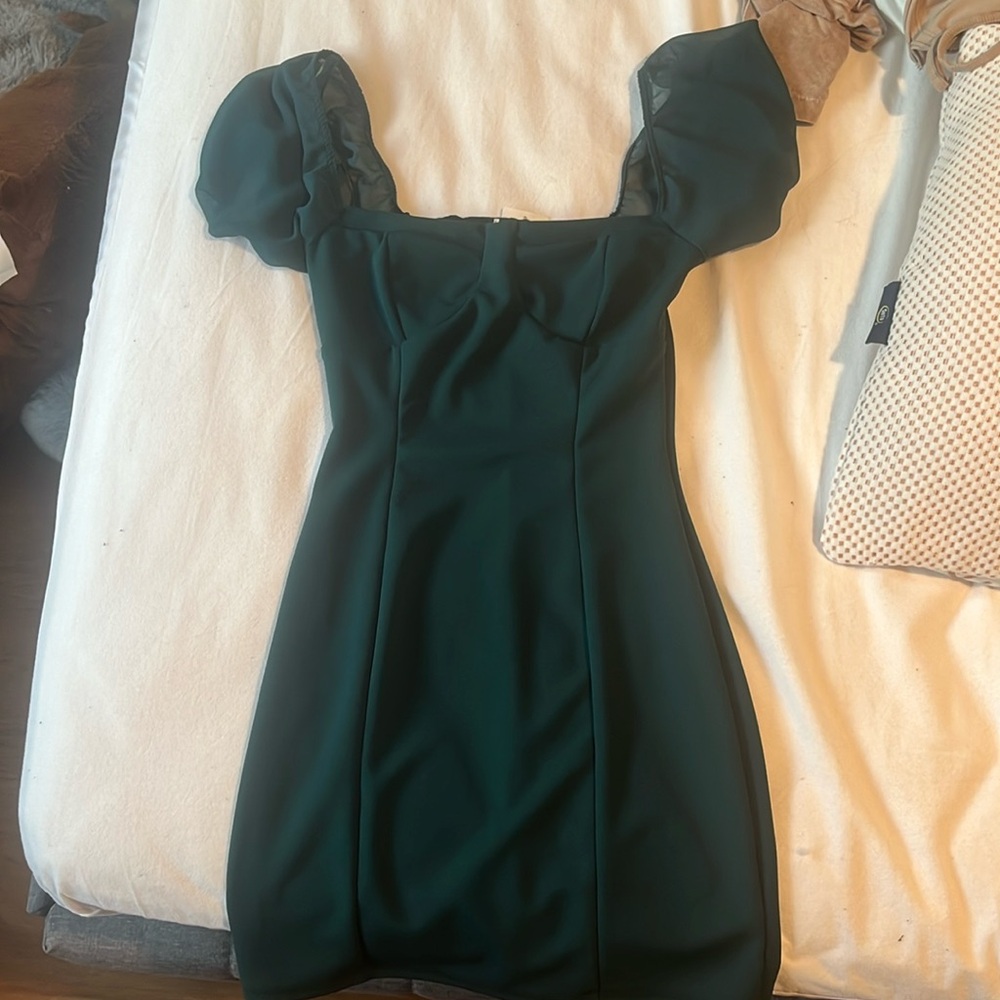 windsor dark green mini dress with puffed sleeves and fake corset top